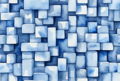The primary subject of the image is a blue and white painting of a large number of square blocks. The setting is a blue background, and the visual style appears to be a digital art or illustration. The dominant colors are blue and white, creating a calm and serene atmosphere.
