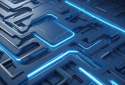 The primary subject of the image is a blue and silver patterned surface. The setting is a futuristic environment, possibly a space station or a high-tech facility. The visual style is a combination of digital art and illustration, creating a unique and intricate design. The dominant colors are blue and silver, giving the scene a sleek and modern appearance.