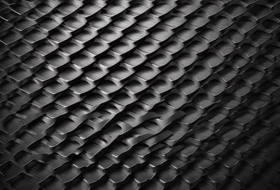 The primary subject of the image is a black and white patterned surface, which appears to be a textured wall or a piece of artwork. The setting is a dark room, and the visual style is a close-up of the patterned surface. The colors and mood of the image are predominantly dark and moody, with the black and white pattern creating a sense of depth and intrigue.