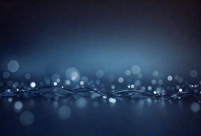 The primary subject of the image is a blue background with a string of lights or a wire-like pattern. The setting appears to be a dark room, and the visual style is a combination of a photo and a digital art or illustration. The colors in the image are predominantly blue, creating a calm and serene atmosphere.