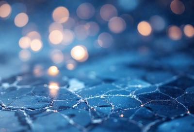 The primary subject of the image is a close-up of a blue surface with a pattern of light and dark spots. The setting appears to be a dark room with a blue background. The visual style of the image is a combination of a photo and digital art, creating a unique and intriguing appearance. The colors and mood of the image are predominantly dark and moody, with the blue surface and light and dark spots adding a sense of depth and contrast.