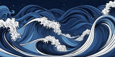 The primary subject of the image is a large blue wave with white foam, which is the main focus of the scene. The setting is a dark blue ocean, creating a dramatic and moody atmosphere. The visual style is a combination of digital art and illustration, with the wave being depicted in a detailed and artistic manner. The dominant colors are blue and white, with the blue wave and white foam creating a striking contrast against the dark blue background.