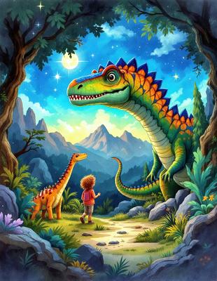 Primary subject: Dinosaur and child
Setting/background: A forest with mountains in the background
Visual style: Digital art
Colors and mood: The image is colorful and has a playful atmosphere.