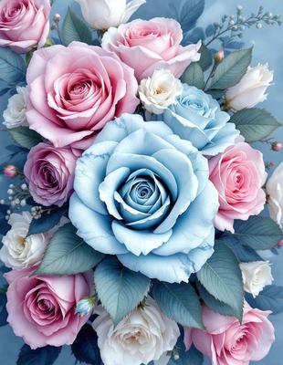 The primary subject of the image is a bouquet of flowers, predominantly featuring blue and pink roses. The flowers are arranged in a visually appealing manner, creating a sense of beauty and elegance. The setting is a blue background, which adds a touch of color and contrast to the overall composition. The visual style of the image is a close-up of the flowers, allowing the viewer to appreciate the details and textures of the petals and leaves. The colors and mood of the image are predominantly