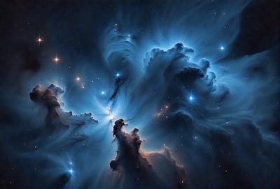 The primary subject of the image is a beautiful, colorful nebula with a blue hue. The setting is a dark, starry sky, and the visual style is a combination of a photo and digital art. The colors and mood of the image are vibrant and captivating, creating a sense of wonder and awe.