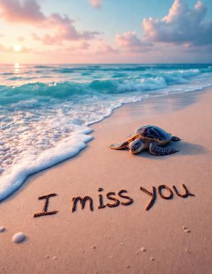 The primary subject of the image is a sandy beach with a turtle laying on it. The setting is a beautiful ocean beach, and the visual style is a combination of a photo and digital art. The colors and mood of the image are warm and inviting, with the sun shining on the beach and the turtle creating a sense of relaxation and leisure.