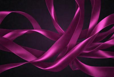 The primary subject of the image is a purple ribbon. The ribbon is wavy and appears to be flowing. The setting is a dark background, which contrasts with the purple ribbon. The visual style is a close-up of the ribbon, showcasing its texture and details. The colors and mood of the image are predominantly purple, creating a sense of elegance and sophistication.