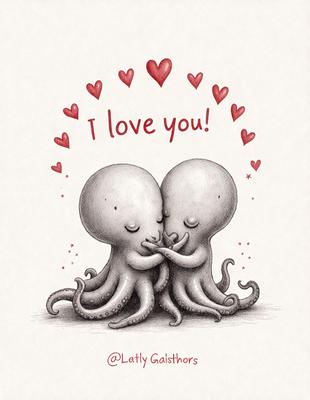 The image features two octopi, one on the left and the other on the right, with their arms wrapped around each other. They are both wearing hearts on their heads, and the scene is set against a red background. The visual style of the image is a combination of digital art and illustration, creating a whimsical and playful atmosphere. The primary subject of the image is the two octopi, and the setting is a heart-filled, red background.