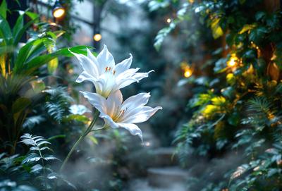 The primary subject of the image is a white flower, likely a lily, with a yellow center. The flower is situated in a garden setting, surrounded by green plants and leaves. The visual style of the image is a photo, capturing the beauty of the flower in its natural environment. The colors and mood of the image are predominantly green and serene, with the white flower standing out as the focal point.