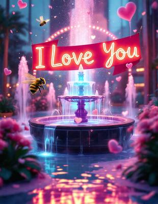 The primary subject of the image is a fountain with a purple base, surrounded by pink flowers. The setting is a garden, and the visual style is digital art. The dominant colors are purple and pink, creating a romantic and serene atmosphere.