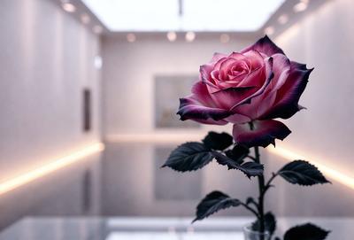 The primary subject of the image is a single pink rose, which is placed in a vase. The setting is a room with a white wall, and the visual style appears to be a photo. The dominant colors in the image are pink and white, creating a calm and serene atmosphere.