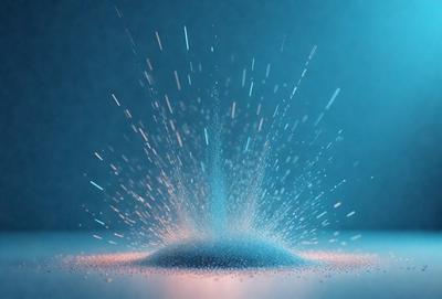 The primary subject of the image is a blue background with a white, sparkling substance, possibly a powder or a light source, creating a visually striking scene. The setting appears to be a dark room, and the visual style is a combination of a photo and digital art, giving the image a unique and artistic appearance. The colors and mood of the image are predominantly blue and white, with a sense of motion and dynamism due to the sparkling substance.