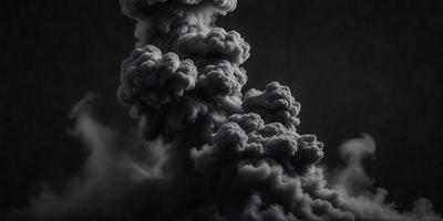 The primary subject of the image is a large, dark cloud with smoke billowing out of it. The cloud is located in a dark sky, creating a dramatic and ominous atmosphere. The setting appears to be a nighttime scene, with the cloud towering over the landscape. The visual style of the image is a black and white photo, which adds to the dramatic and moody mood of the scene.