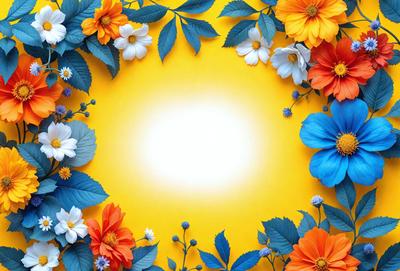 The primary subject of the image is a yellow background with a variety of flowers and leaves. The setting is a bright and colorful environment, with the flowers and leaves creating a vibrant and lively atmosphere. The visual style of the image is a combination of digital art and illustration, with the flowers and leaves appearing as detailed and intricate patterns. The colors and mood of the image are predominantly warm and cheerful, with the yellow background and the bright colors of the flowers and leaves creating a sense of happiness and positivity