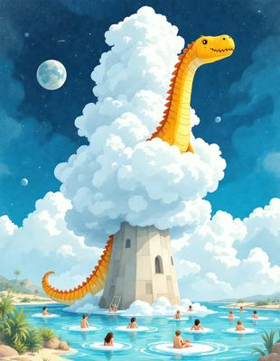 The primary subject of the image is a large, colorful, and whimsical dragon-like creature. It is standing on a tall tower, which is surrounded by a cloudy sky. The setting appears to be a beach, with people swimming in the water nearby. The visual style of the image is a combination of digital art and illustration, creating a vibrant and imaginative scene. The dominant colors in the image are blue, white, and orange, giving it a lively and cheerful atmosphere.