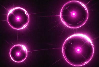The primary subject of the image is a group of three pink, glowing, glass-like orbs, which are floating in a dark, pink background. The visual style of the image is a combination of photo and digital art, creating a unique and captivating scene. The colors and mood of the image are predominantly pink, giving it a warm and inviting atmosphere.