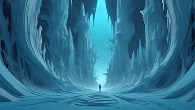 The primary subject of the image is a person walking down a long, narrow, and dark tunnel. The setting is a cave with a blue light illuminating the path. The visual style is a digital art illustration, giving the scene a surreal and mysterious atmosphere. The dominant colors are blue and black, creating a sense of depth and intrigue.