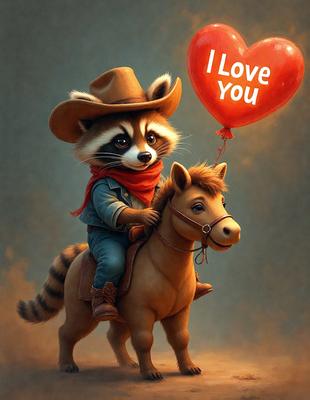 The primary subject of the image is a cartoon character, specifically a raccoon, riding a horse. The setting is a painting or drawing, with a vibrant and playful atmosphere. The visual style is a mix of digital art and illustration, creating a unique and creative scene. The colors are predominantly brown and red, which adds to the warm and inviting mood of the image.