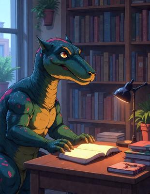 The primary subject of the image is a cartoon lizard sitting at a desk, reading a book. The setting is a room with a bookshelf filled with various books. The visual style is a cartoon illustration, giving the image a playful and whimsical atmosphere. The dominant colors are green and orange, which are the colors of the lizard and the book, respectively.