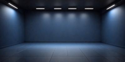 The primary subject of the image is a large, empty room with a blue wall. The setting is a dark room with a blue wall, and the visual style is a photo. The room appears to be a large, empty space with a blue wall, and the overall atmosphere is somewhat eerie due to the darkness and the lack of any objects or people in the room.