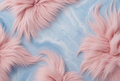 The primary subject of the image is a group of pink, fluffy, and fuzzy hairs or fur. These hairs are arranged in various positions, creating a visually interesting and somewhat abstract composition. The setting is a blue surface, which serves as a backdrop for the hairs. The visual style of the image is a mix of photo and digital art, as it appears to be a close-up of the hairs, yet the colors and textures are somewhat artificial. The dominant colors are pink and blue