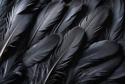 The primary subject of the image is a close-up of a black bird's wing, showcasing its feathers. The setting is a black background, which emphasizes the feathers and creates a striking visual effect. The visual style is a close-up, which highlights the details of the feathers. The colors and mood of the image are predominantly black, giving it a dramatic and intense atmosphere.