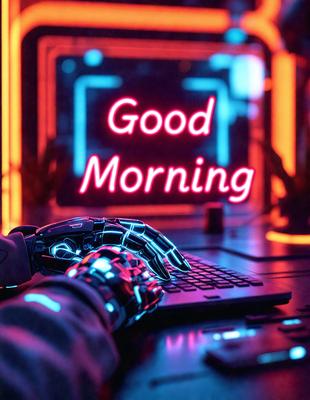 The primary subject of the image is a person's hand with a neon-colored glove, which is placed on a laptop keyboard. The setting is a room with a computer desk, and the visual style appears to be a digital art or illustration. The colors and mood of the image are vibrant and futuristic, with the neon glove and the overall composition creating a unique and eye-catching scene.
