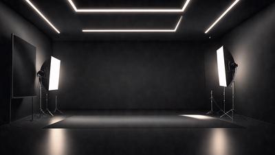 The primary subject of the image is a black background with a white light shining on it. The setting is a studio, and the visual style is a black and white photo. The colors and mood of the image are predominantly dark, with the white light creating a stark contrast against the black background.