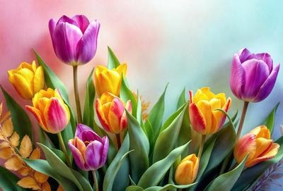 The primary subject of the image is a bouquet of colorful flowers, predominantly yellow and pink, with some purple and orange tones. The flowers are arranged in a vase, creating a visually appealing and vibrant display. The setting is a room with a wall, and the visual style is a realistic, natural representation of the flowers. The colors and mood of the image are lively and cheerful, with the bright and varied hues of the flowers creating a sense of warmth and happiness