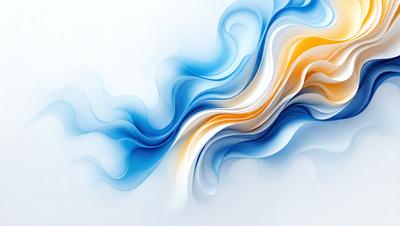 The primary subject of the image is a blue and white painting of a wave. The setting is a white background, and the visual style appears to be a digital art or illustration. The dominant colors are blue and white, creating a calm and serene atmosphere.