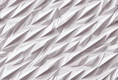 The primary subject of the image is a large white wall with a pattern of white triangles. The setting is a white room, and the visual style appears to be a combination of a photo and digital art. The dominant colors are white, and the overall atmosphere is clean and minimalistic.