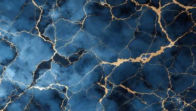 The primary subject of the image is a blue and gold patterned surface, which appears to be a marble or stone texture. The setting is a close-up of the pattern, showcasing the intricate details of the design. The visual style is a combination of a photo and digital art, creating a unique and artistic representation of the pattern. The colors and mood of the image are predominantly blue and gold, giving it a luxurious and elegant appearance.