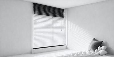 The primary subject of the image is a white window with a black shade. The setting is a bedroom, and the visual style is a photo. The colors and mood of the image are predominantly white, creating a clean and minimalist atmosphere.