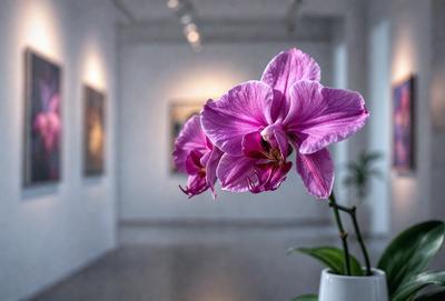 The primary subject of the image is a pink flower in a white vase. The setting is a room with a white wall, and the visual style appears to be a photo. The dominant colors in the image are pink and white, creating a calm and serene atmosphere.
