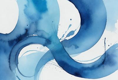 The primary subject of the image is a blue and white painting of a wave. The setting is a white background, and the visual style appears to be a watercolor painting. The dominant colors are blue and white, creating a serene and calming atmosphere.