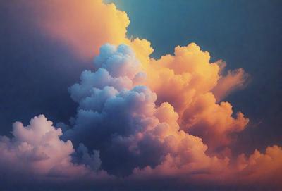 The primary subject of the image is a cloudy sky with a variety of clouds in different shapes and sizes. The setting is a sunset, creating a warm and serene atmosphere. The visual style is a painting, which adds a sense of artistic expression and creativity to the scene. The dominant colors in the image are shades of pink, orange, and blue, which are often associated with sunsets and cloudy skies.