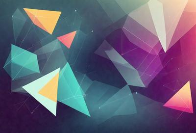 The primary subject of the image is a geometric pattern made up of triangles and squares. The pattern is displayed in a variety of colors, including blue, green, yellow, and pink. The setting is a dark background, which contrasts with the bright and vibrant colors of the pattern. The visual style of the image is a combination of digital art and illustration, creating a unique and eye-catching design. The overall atmosphere of the image is lively and energetic, thanks to the bold colors and intricate geometric