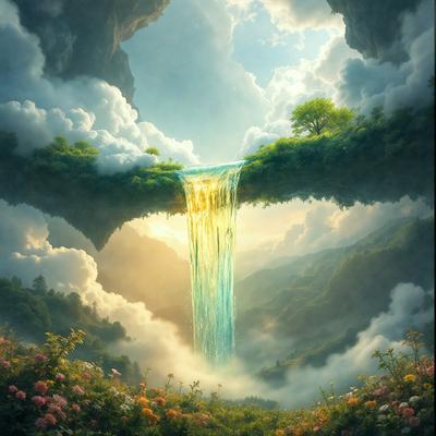 Primary subject: A waterfall in a lush, flower-filled valley.

Setting/background: The waterfall is surrounded by a beautiful, verdant landscape with a forest nearby. The sky above is filled with clouds, adding to the serene atmosphere.

Visual style: The image is a digital art piece, featuring a vibrant and detailed landscape.

Colors and mood: The colors in the image are predominantly green, blue, and yellow, creating a lively and uplifting mood