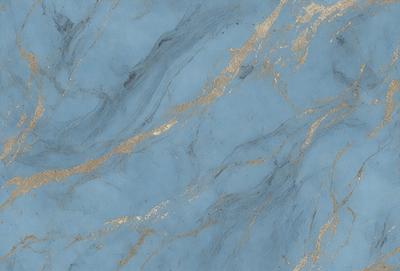 The primary subject of the image is a blue marble wall with gold accents. The setting is a room with a blue background. The visual style is a combination of a photo and digital art, creating a unique and intricate design. The dominant colors are blue and gold, giving the wall a luxurious and elegant appearance.