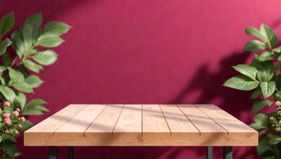 The primary subject of the image is a wooden table with a red wall in the background. The table is placed on a wooden floor, and there is a potted plant nearby. The visual style of the image is a photo, and the dominant colors are red and brown, creating a warm and inviting atmosphere.