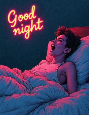 The primary subject of the image is a woman lying in bed, with her mouth open and her eyes wide open. She appears to be yawning or making a surprised face. The setting is a bedroom, with a bed visible in the background. The visual style is a digital art or illustration, with a pink and purple color scheme that gives the image a warm and inviting atmosphere.
