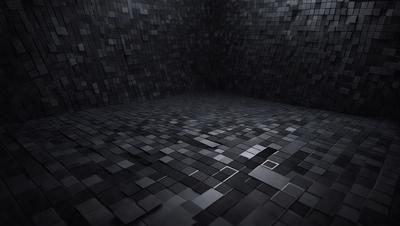 The primary subject of the image is a black and white checkered floor. The setting is a dark room with a black background, creating a moody atmosphere. The visual style is a black and white photo, which adds to the overall mood of the image. The colors and mood are predominantly dark and mysterious, with the checkered floor being the main focal point.