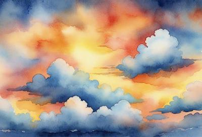The primary subject of the image is a beautifully painted cloudy sky. The setting is a vibrant and colorful scene with a mix of blue and orange hues. The visual style is a watercolor painting, which adds a sense of depth and texture to the image. The colors and mood of the painting evoke a sense of tranquility and wonder, as the viewer is drawn into the world of clouds and skies.
