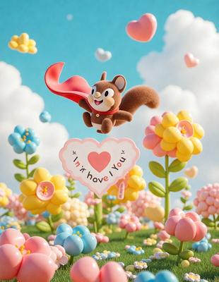 The primary subject of the image is a stuffed animal, specifically a squirrel, flying through the air. The setting is a field filled with colorful flowers, creating a vibrant and lively atmosphere. The visual style is a combination of digital art and illustration, with the squirrel and flowers appearing as 3D models. The colors and mood of the image are predominantly bright and cheerful, with the squirrel and flowers adding a sense of playfulness and whimsy.