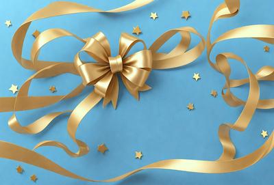 The primary subject of the image is a gold bow with a star pattern, which is placed on a blue background. The visual style of the image is a combination of photo and digital art, creating a unique and eye-catching design. The colors and mood of the image are predominantly gold and blue, with the gold bow and blue background creating a sense of warmth and elegance.