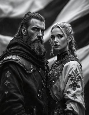 The primary subject of the image is a man and a woman standing together. They are the main focus of the scene. The setting is a dark background, which adds to the overall mood of the image. The visual style is a black and white photo, giving it a classic and timeless appearance. The colors and mood of the image are predominantly dark, with the man and woman being the only sources of light in the scene.