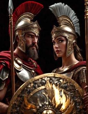 The primary subject of the image is a man and a woman dressed in Roman-style armor, standing next to each other. They are both wearing helmets and appear to be warriors. The setting is a dark room, which adds to the dramatic atmosphere of the scene. The visual style is a combination of digital art and illustration, creating a realistic and detailed representation of the characters. The colors and mood of the image are predominantly dark, with the armor and clothing of the characters being the main