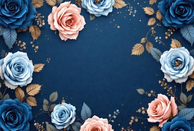 The primary subject of the image is a blue background with a pattern of pink and blue flowers. The setting is a blue cloth with a floral design, and the visual style is a combination of digital art and illustration. The dominant colors are blue, pink, and blue, creating a calm and serene atmosphere.