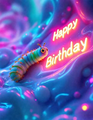 The primary subject of the image is a caterpillar, which is the main object, scene, or focus of the image. The setting/background features a purple, pink, and blue background, which gives the image a vibrant and colorful visual style. The colors and mood of the image are predominantly purple, pink, and blue, creating a lively and cheerful atmosphere.