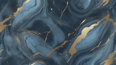 The primary subject of the image is a blue and gold marble-like pattern. The setting is a blue and gold marble-like surface, which could be a wall or a table. The visual style is a combination of a photo and digital art, creating a unique and eye-catching design. The dominant colors are blue and gold, giving the pattern a luxurious and elegant appearance.